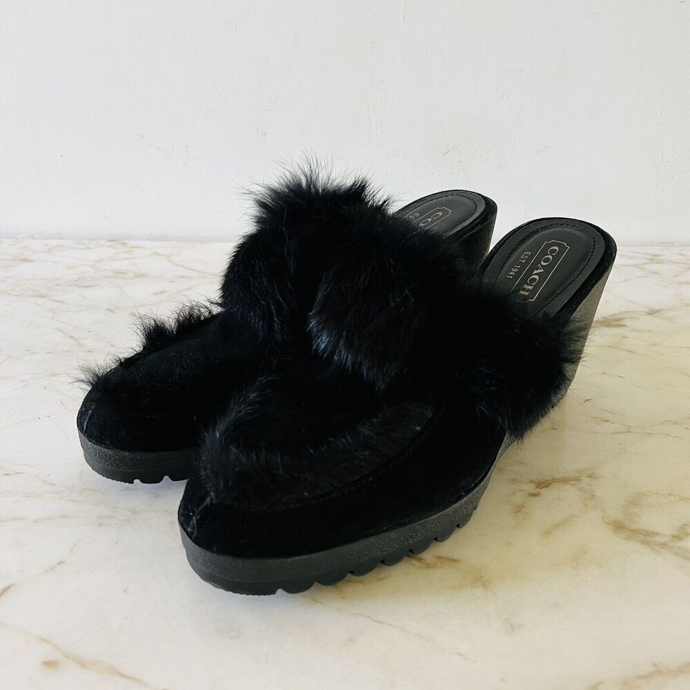 COACH Kaela Black Suede Rabbit Fur Slip On Clogs Mules With Wedge Heels - US 8